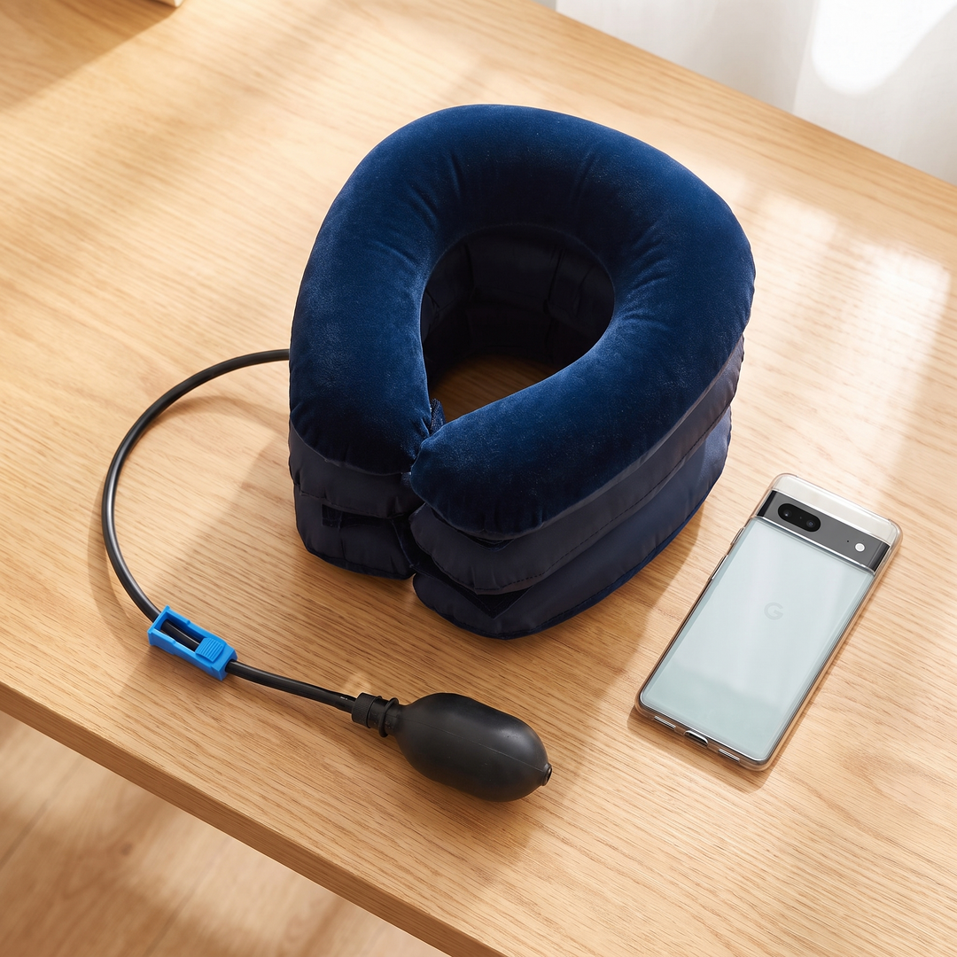 Adjustable Inflatable Neck Stretcher Cervical Traction Device Air Pump Neck Brace 3-Chamber Support for Stress Relief Home Office Use Men Women