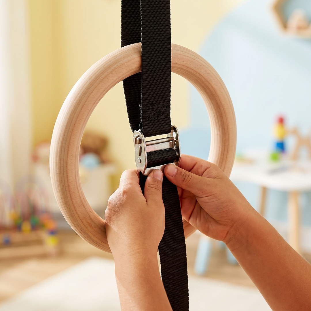 Adjustable Wooden Gymnastic Rings for Kids 25mm Gym Rings with Adjustable Straps and Buckles Indoor Home Playground Fitness Pull Up Rings for Children