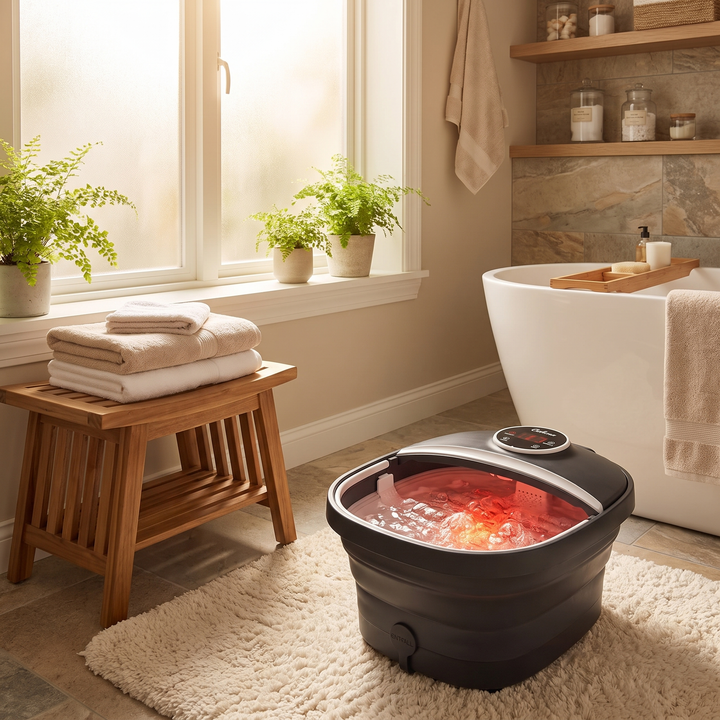 Collapsible Foot Spa Bath with Heat Bubbles Temperature Control Foot Massager Foldable Foot Soak Basin with Side Supports Leakage Protector Home Recovery Relaxation