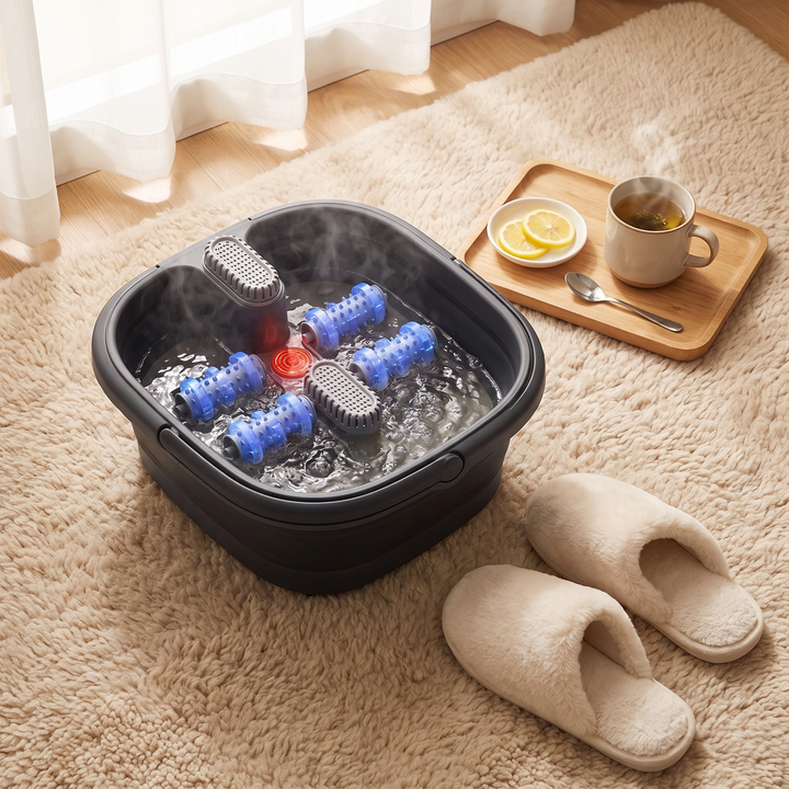 Collapsible Foot Spa Bath with Heat Bubbles Temperature Control Foot Massager Foldable Foot Soak Basin with Side Supports Leakage Protector Home Recovery Relaxation