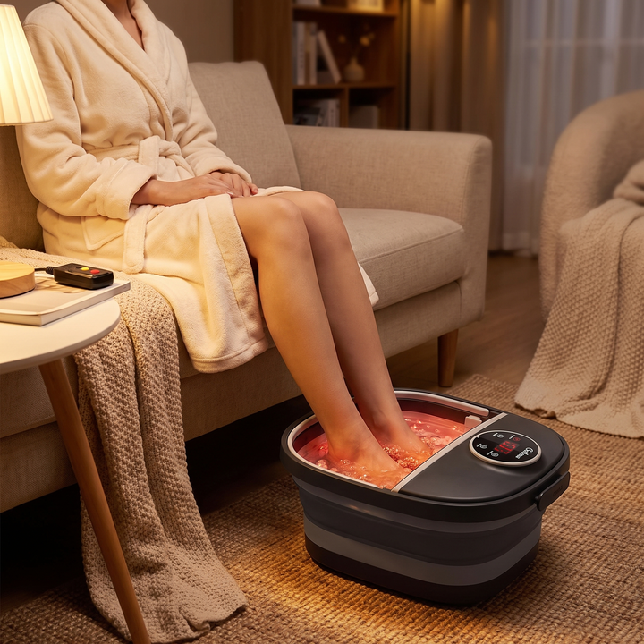 Collapsible Foot Spa Bath with Heat Bubbles Temperature Control Foot Massager Foldable Foot Soak Basin with Side Supports Leakage Protector Home Recovery Relaxation