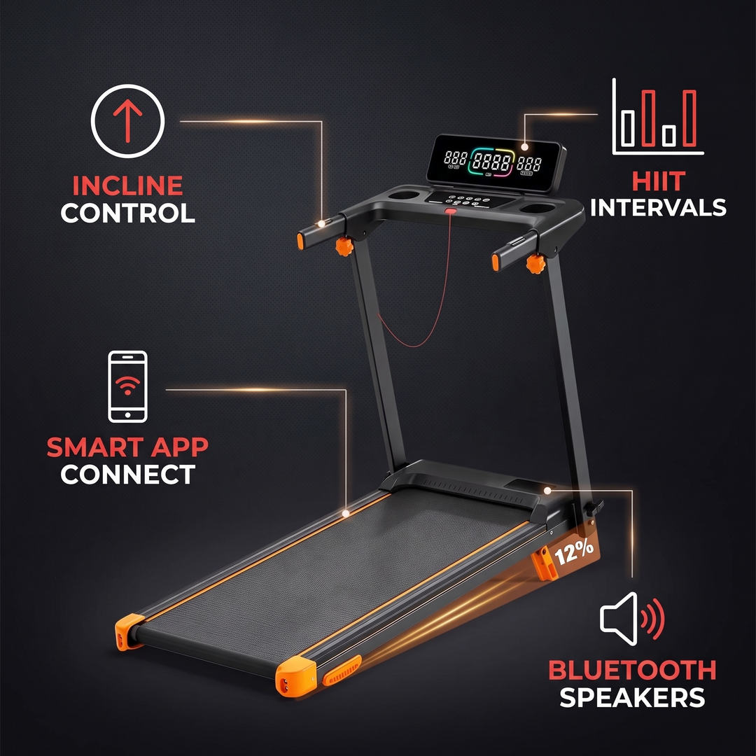 Foldable Walking Pad Treadmill with 12% Incline 12 HIIT Modes 300LB Capacity Home Gym Treadmill with App Heart Rate LED Display Speaker