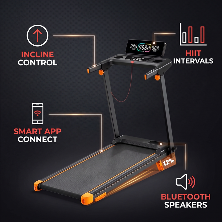 Foldable Walking Pad Treadmill with 12% Incline 12 HIIT Modes 300LB Capacity Home Gym Treadmill with App Heart Rate LED Display Speaker