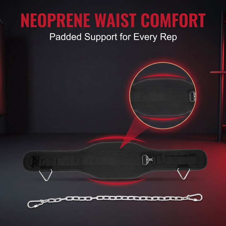 Heavy-Duty Dip Belt for Weightlifting with Chain Neoprene Waist Belt for Pull Ups Chin Ups Strength Training Home Gym Fitness Workout
