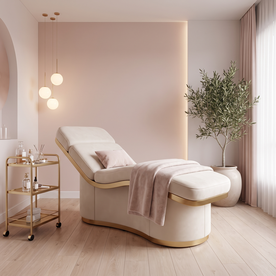 Professional Curved Reclining Facial Bed Adjustable Massage Treatment Table Beauty Salon Spa Lash Tattoo Microblading Cosmetic Bed Gold Cross Base