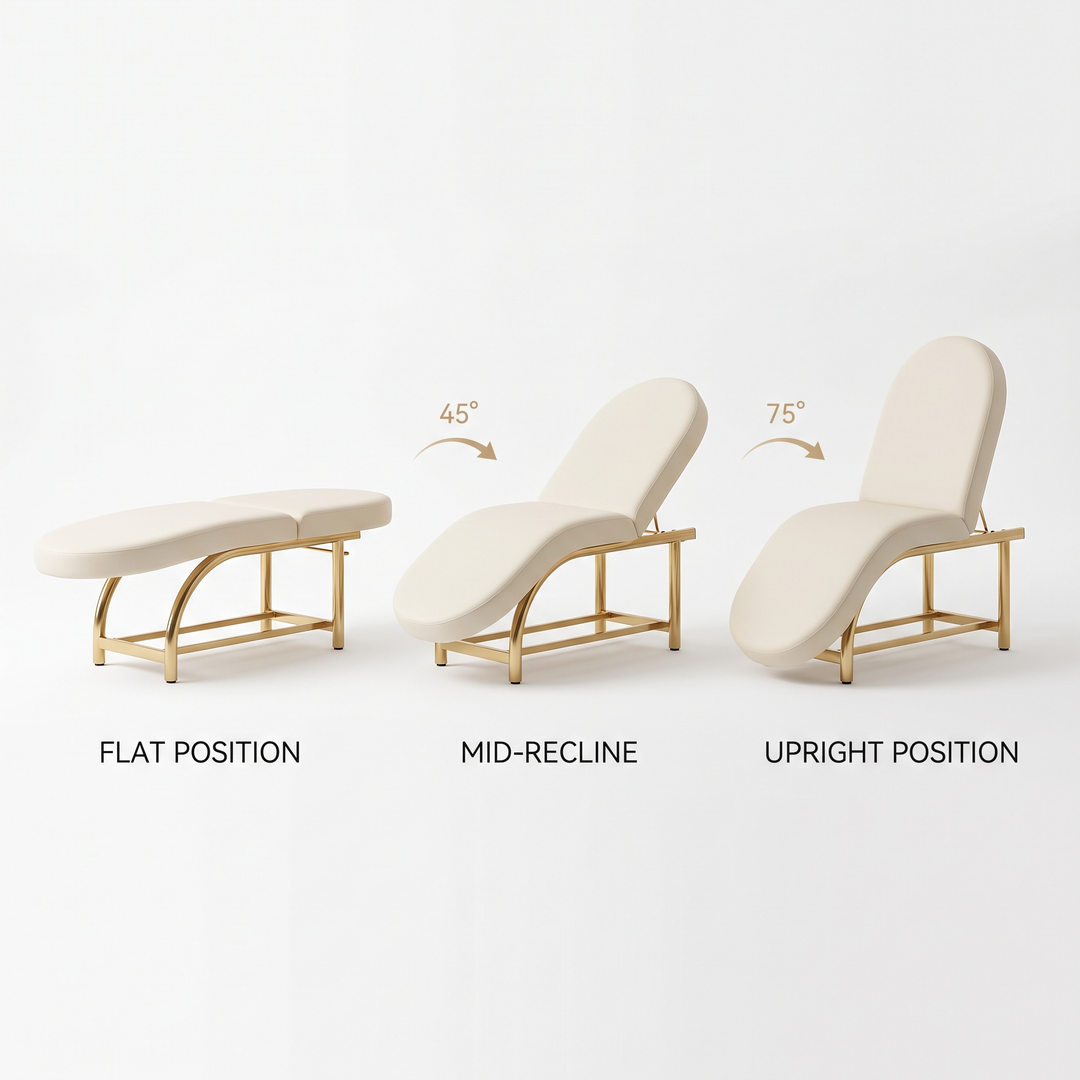 Professional Curved Reclining Facial Bed Adjustable Massage Treatment Table Beauty Salon Spa Lash Tattoo Microblading Cosmetic Bed Gold Cross Base