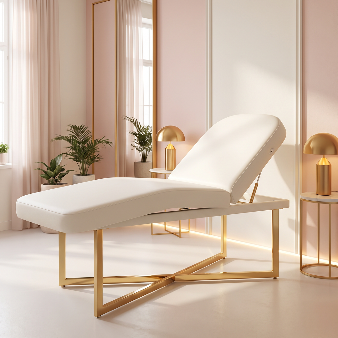 Professional Curved Reclining Facial Bed Adjustable Massage Treatment Table Beauty Salon Spa Lash Tattoo Microblading Cosmetic Bed Gold Cross Base