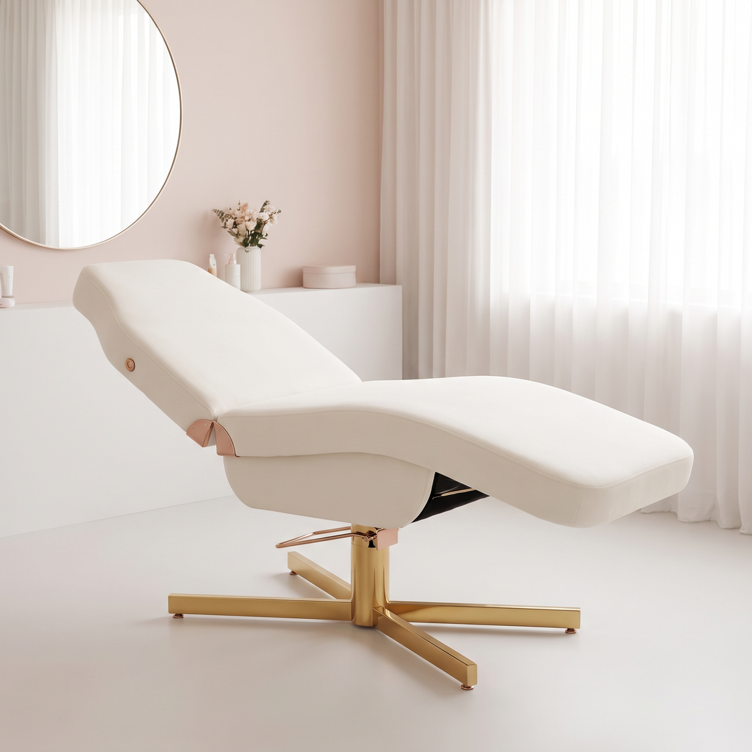 Professional Curved Reclining Facial Bed Adjustable Massage Treatment Table Beauty Salon Spa Lash Tattoo Microblading Cosmetic Bed Gold Cross Base