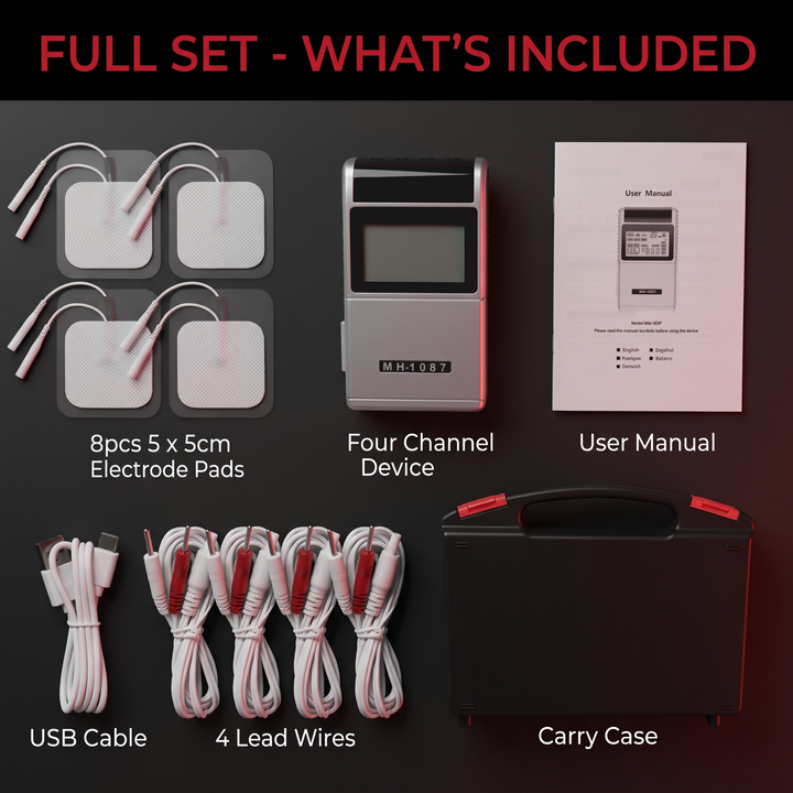 Professional TENS EMS Muscle Stimulator 4-Channel Rechargeable Electrotherapy Device Physiotherapy Pain Relief Massage Machine Home Gym Recovery Rehabilitation