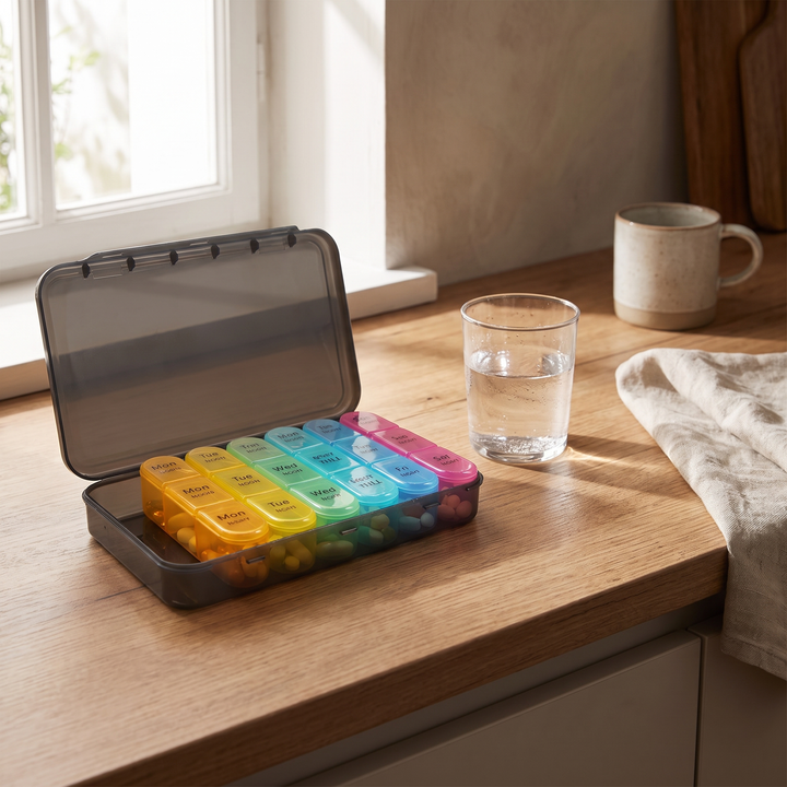 Professional Weekly Pill Organizer 7 Day 4 Times Daily Large Travel Pill Case 21 Compartment Medicine Vitamin Box Daily Pill Organiser for Home Travel Use