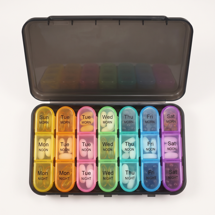 Professional Weekly Pill Organizer 7 Day 4 Times Daily Large Travel Pill Case 21 Compartment Medicine Vitamin Box Daily Pill Organiser for Home Travel Use