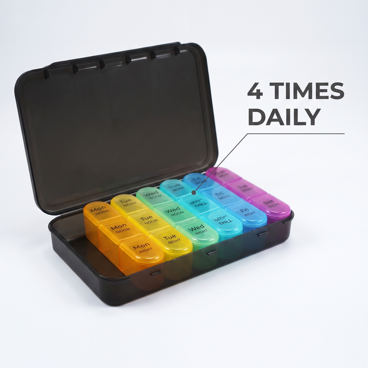 Professional Weekly Pill Organizer 7 Day 4 Times Daily Large Travel Pill Case 21 Compartment Medicine Vitamin Box Daily Pill Organiser for Home Travel Use